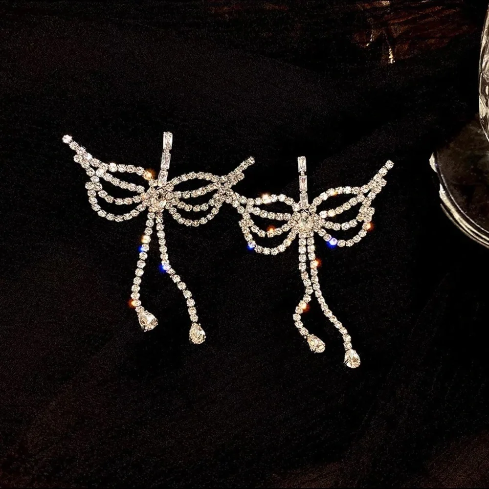 Long Butterfly Earrings with Rhinestones